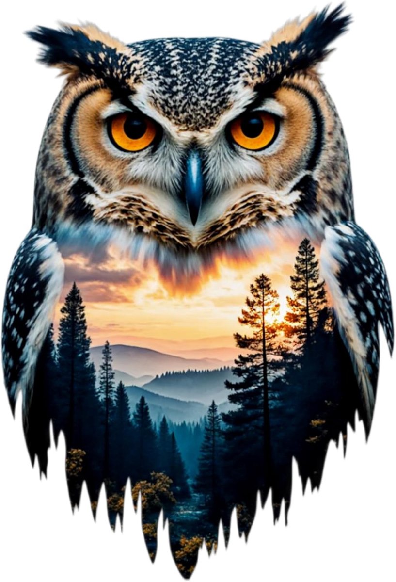 SnelShoppen - Uil Forest Sunset Double Exposure 5,5 inch Waterdichte Vinyl Autostickers - Glanzende Duurzame Bumperstickers voor Auto's, Laptops, Mure