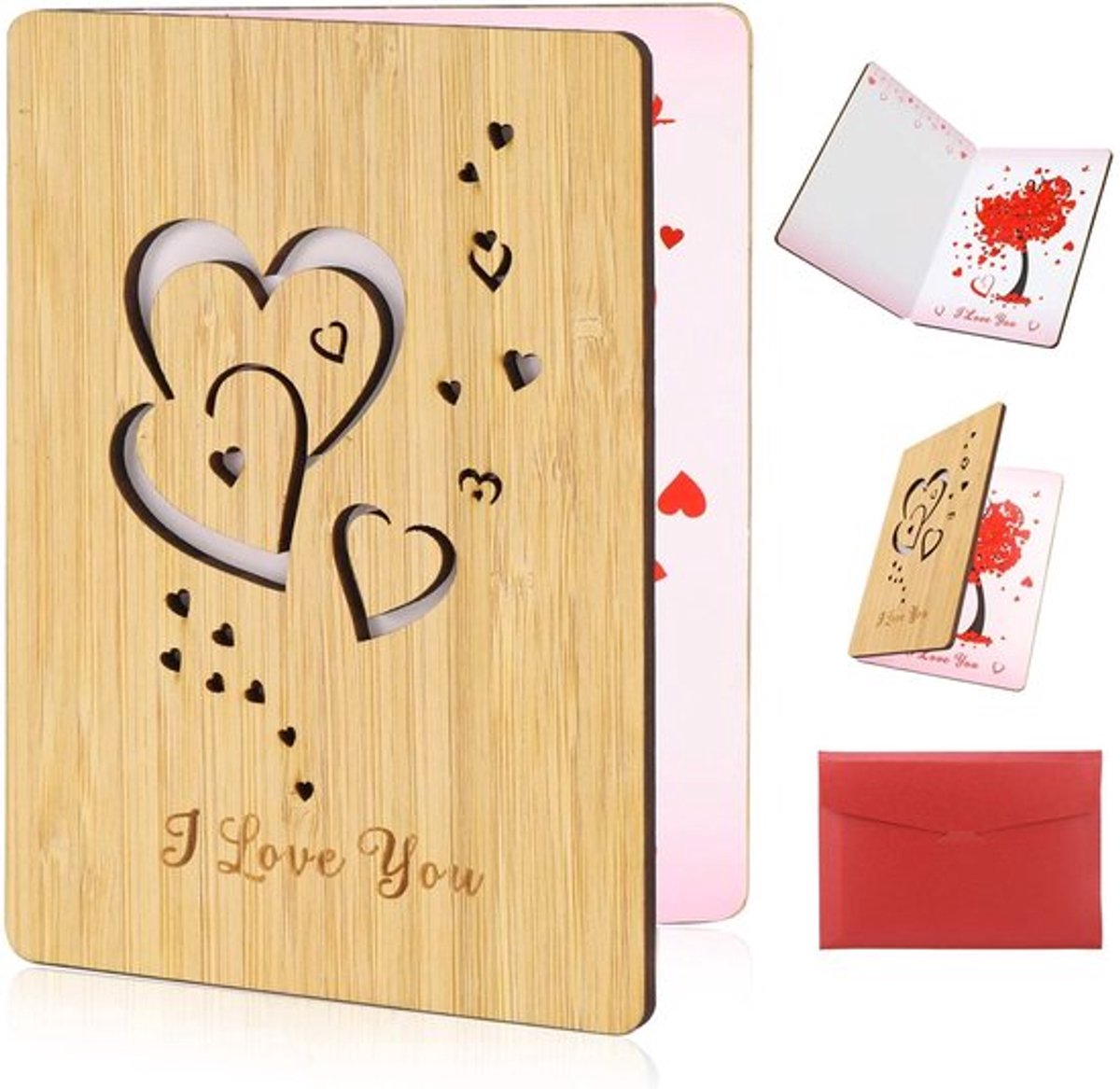 Valentijnskaart Hout - Romantische Wenskaart - Liefdeskaart - Wenskaart voor Haar/Hem - Uniek Valentijnscadeau - Elegante Hart/Rozenmotieven