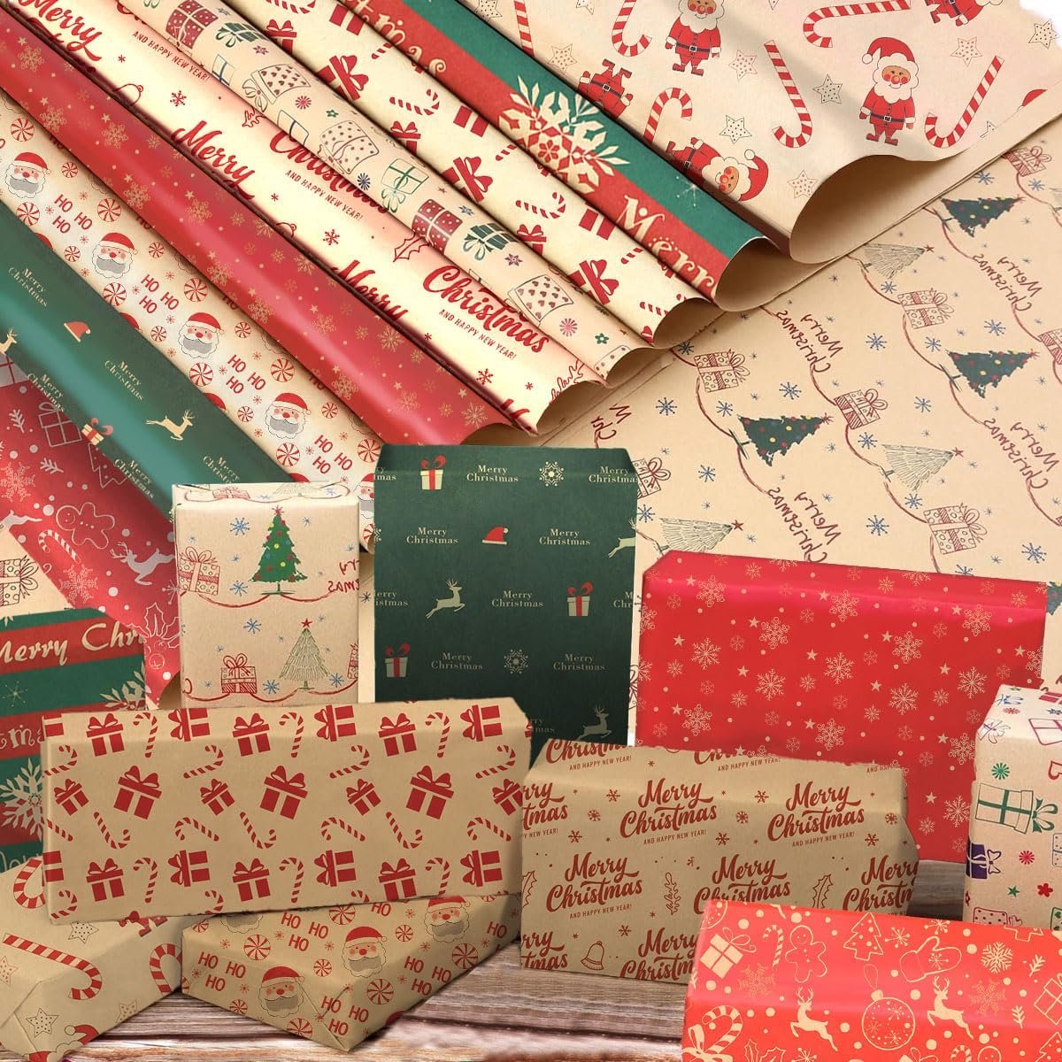 SnelShoppen - Kerst Cadeau Inpakpapier Gerecycled Kraft Papier 10 Vellen 70x50cm - Milieuvriendelijk, Sterk, Feestelijk Motief voor Kerst en Verjaarda