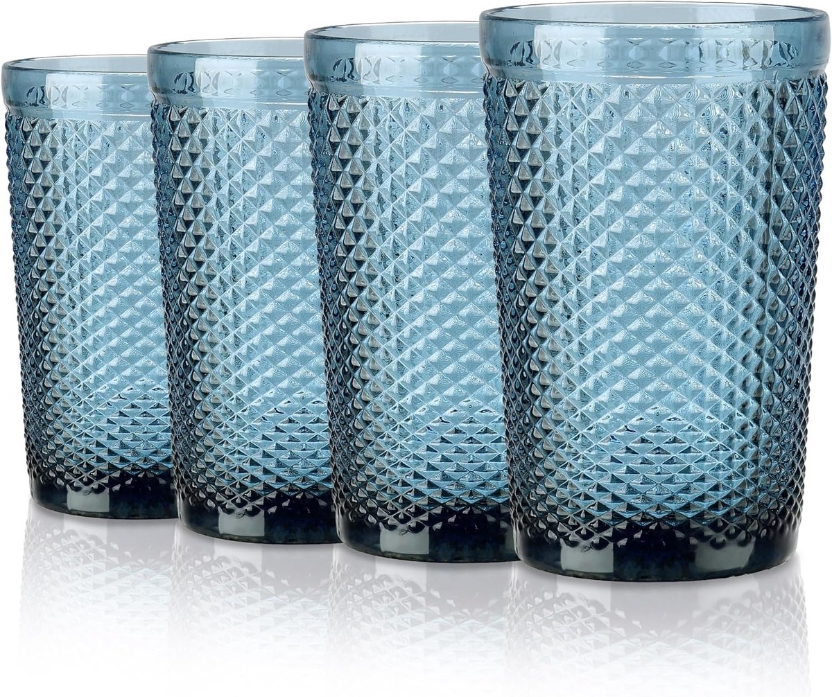 SnelShoppen - Set van 4 Kleurige Vintage Waterglazen 350ml - Retro Embossed Design - Geschikt voor Thuis, Restaurant en Bar - Vaatwasserbestendig