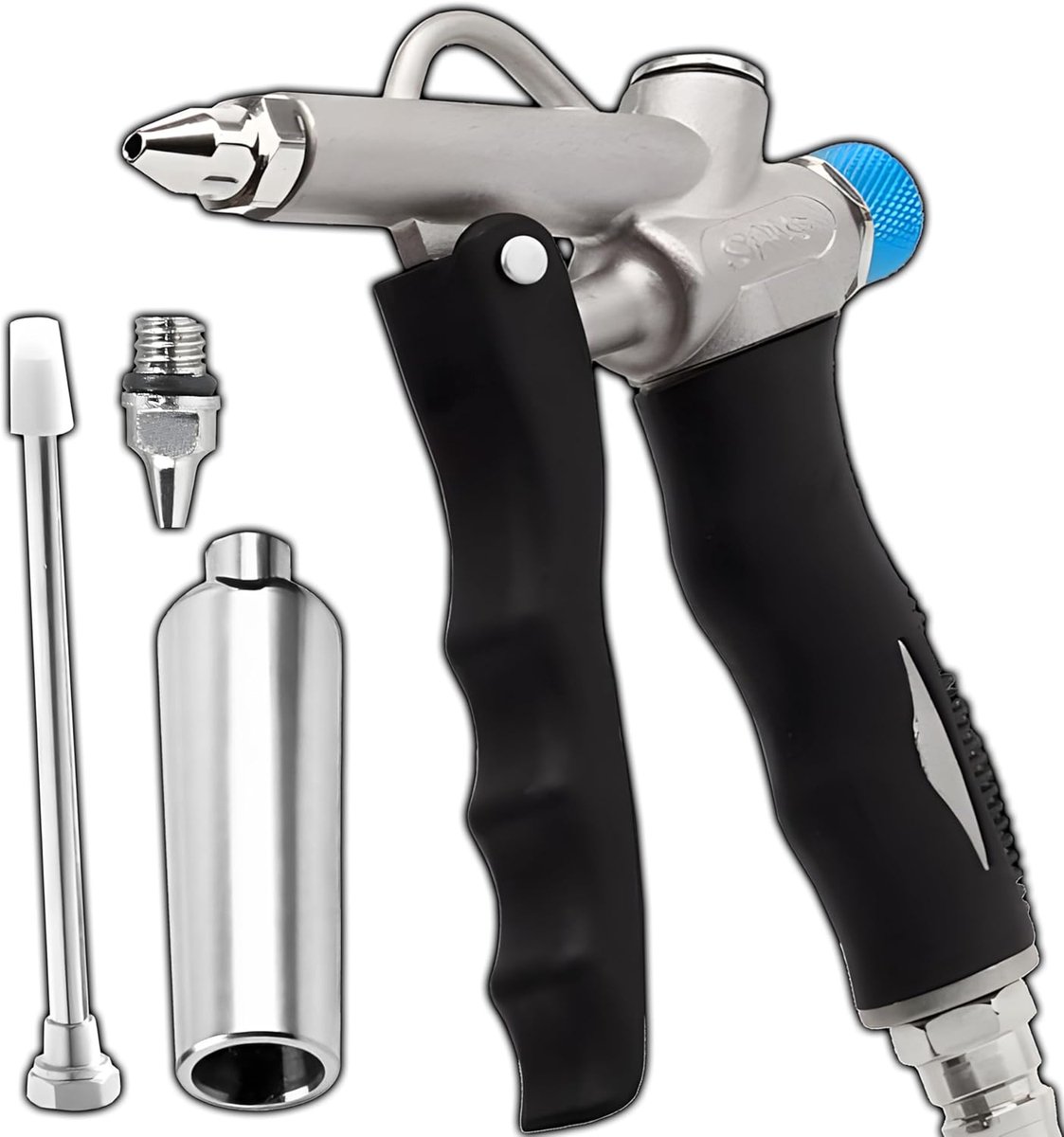 SnelShoppen - Retoo Air Flow Control Uitlaatpistool 110 mm Persluchtpistool met 3 Mondstukken: Venturi, Puntige Mond, Lange Mond, Robuuste Metaalbehui