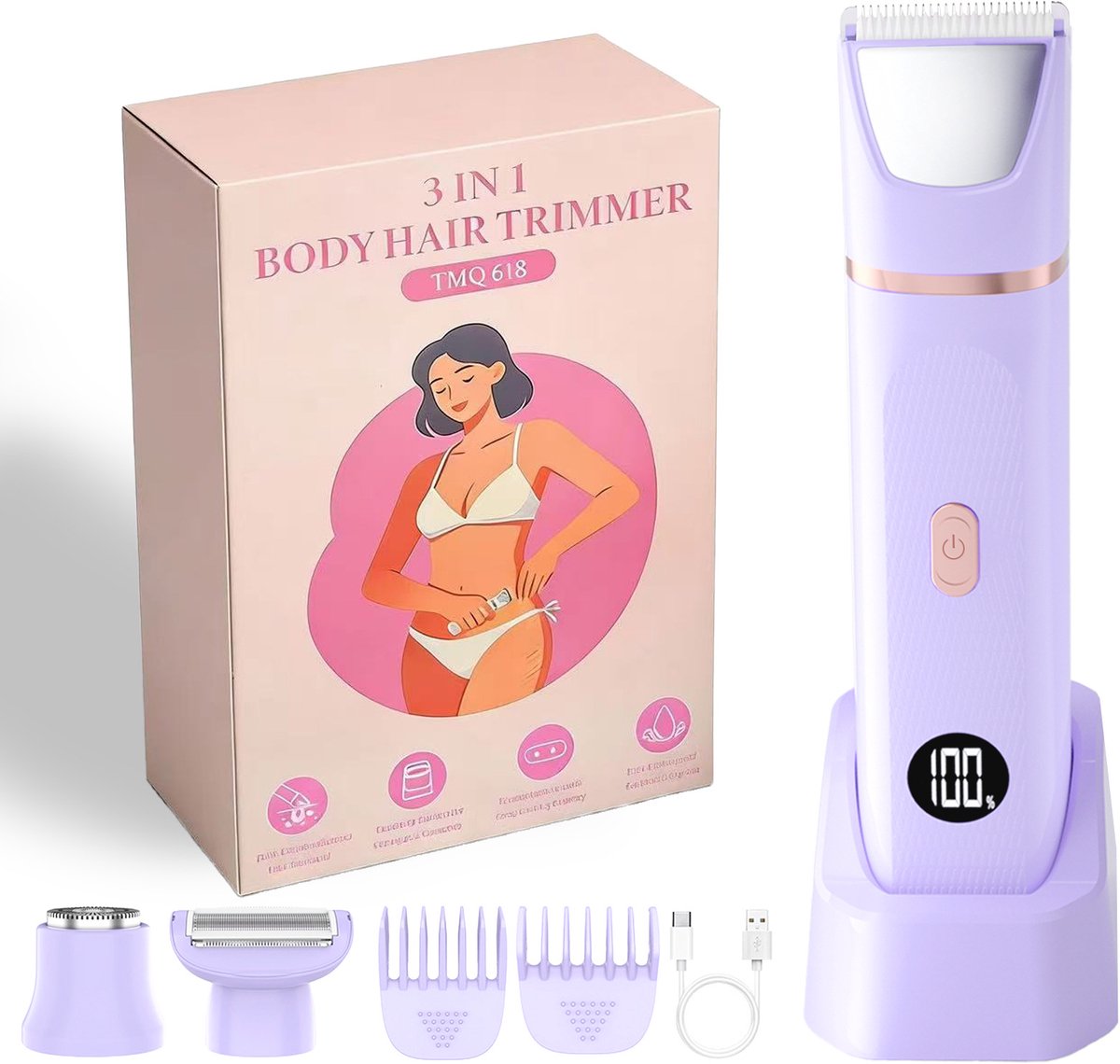 Elektrisch Scheerapparaat voor Dames - 3-in-1 Intieme Trimmer, Nat/Droog Bikini Trimmer, IPX7 Waterdicht Scheerapparaat met LED-display, Elektrische Ontharing voor Gezicht, Bikinilijn