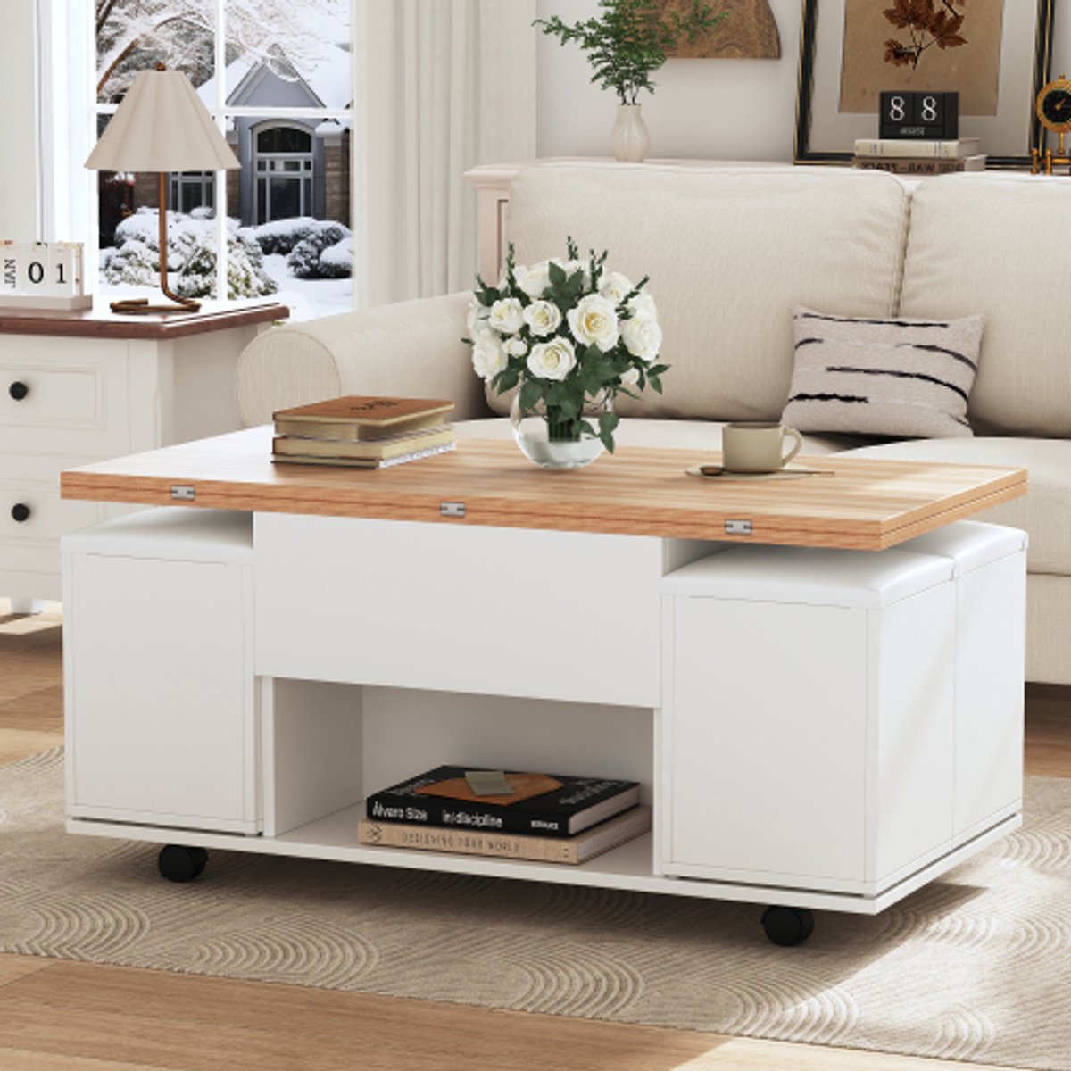 Transformeerbare 3-in-1 Design Couchtisch 100 cm met Lift-Top Functie – Verstelbare Salontafel tot Eettafel en Bureau – Inclusief 4 Poefs met Opbergruimte – Wit en Houtlook