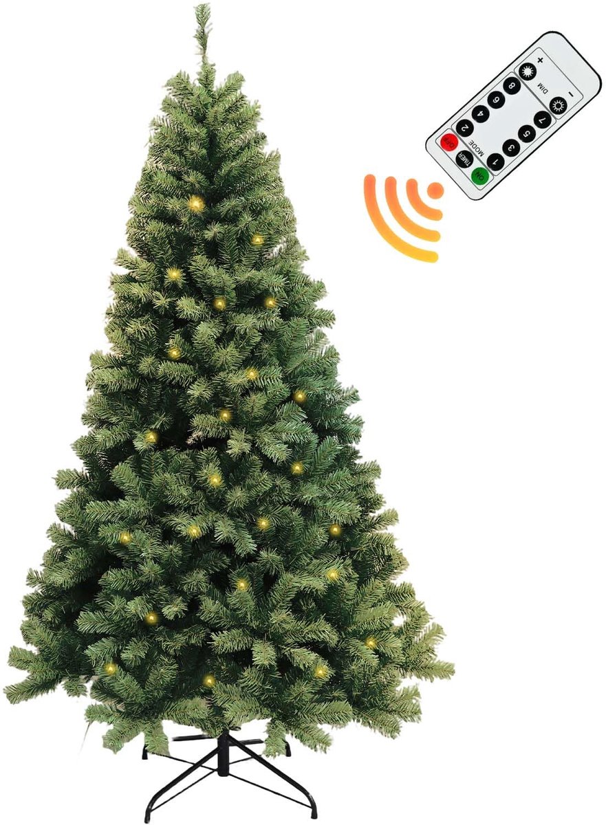 Kunstkerstboom 180 cm met 250 Warmwitte LED – Natuurgetrouwe PVC Kerstboom met 1200 Takpunten – 8 Verlichtingsstanden met Afstandsbediening – Inclusief Metalen Kruisvoet – voor Woonkamer, Kantoor, Binnen en Buiten