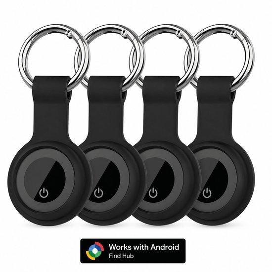 Vier zwarte trackers met sleutelringen op een rij, met 'Works with Android Find Hub' logo.