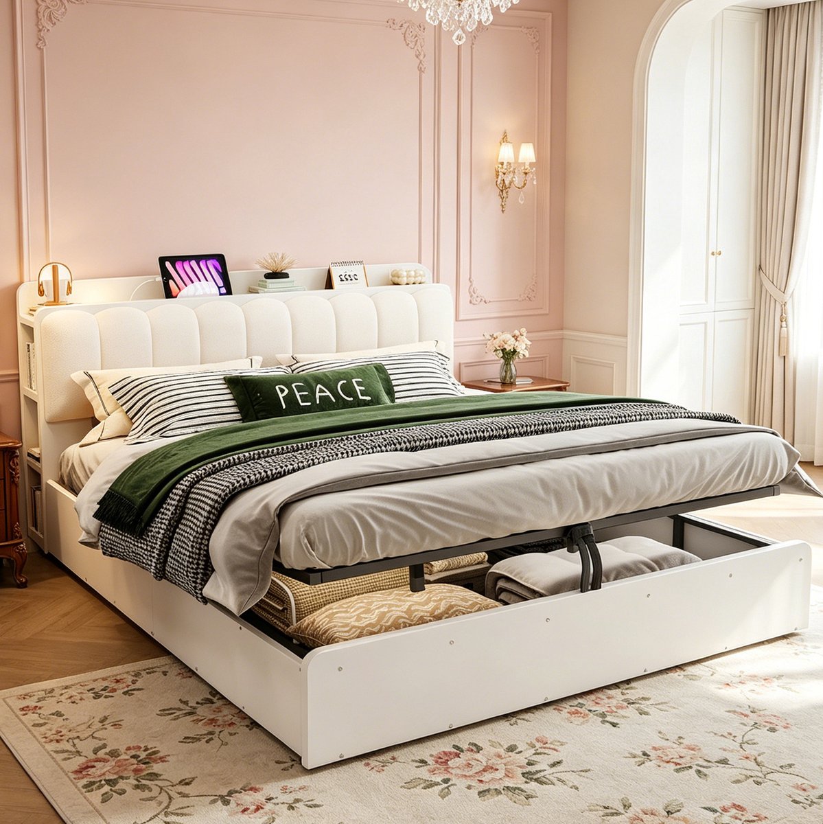 REDOM - Bed - Hydraulische opbergruimte - Hoofdbord met opbergvakken en USB - Lattenbodem - Moderne stijl - Slaapkamer - Hout en MDF - Wit - 220 x 181 x 103 cm