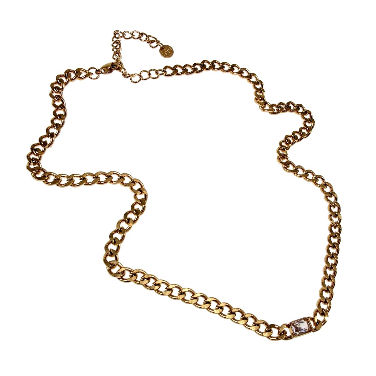 Cubaanse Style Schakelketting met Rechthoekige Zirkonia, Dames Ketting RVS Verguld – Verstelbaar 40-47cm