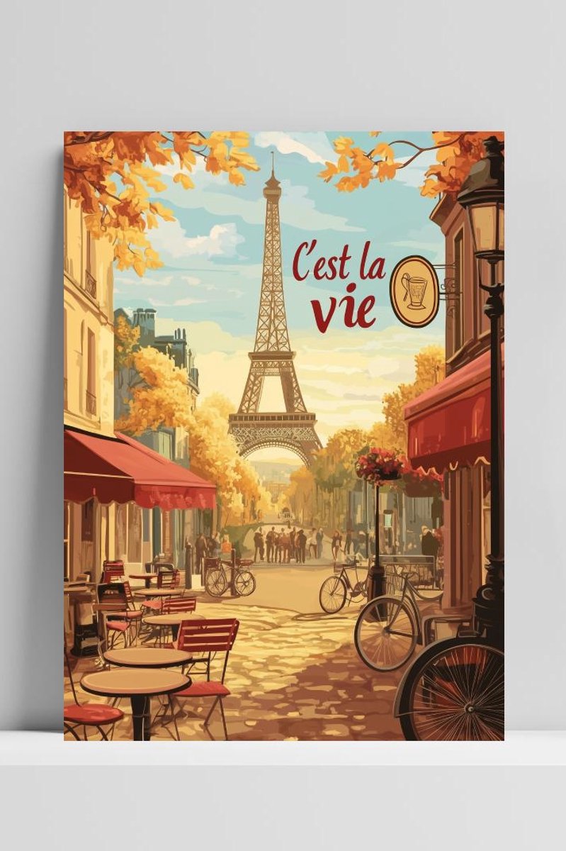 Cest La Vie Poster - Tekst - Quote - Parijs - Eiffeltoren - Natuur - Kunst - Frans - Café - Herfst - posters - formaat 50x70cm - DBS4913KMD - 3mm DIBOND - Aluminium Plaat - Metalen Wandbord