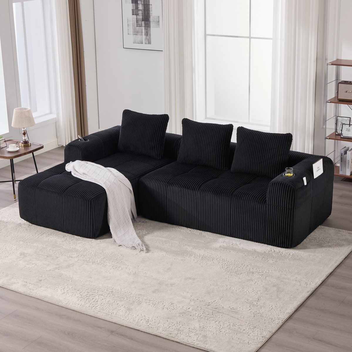 DESMIU Hoekbank 253 x 158 x 61 cm - Modulair Met Zijvak, Bekerhouder En 3 Kussens - Voor Woonkamer En Werkkamer - Corduroy Zwart