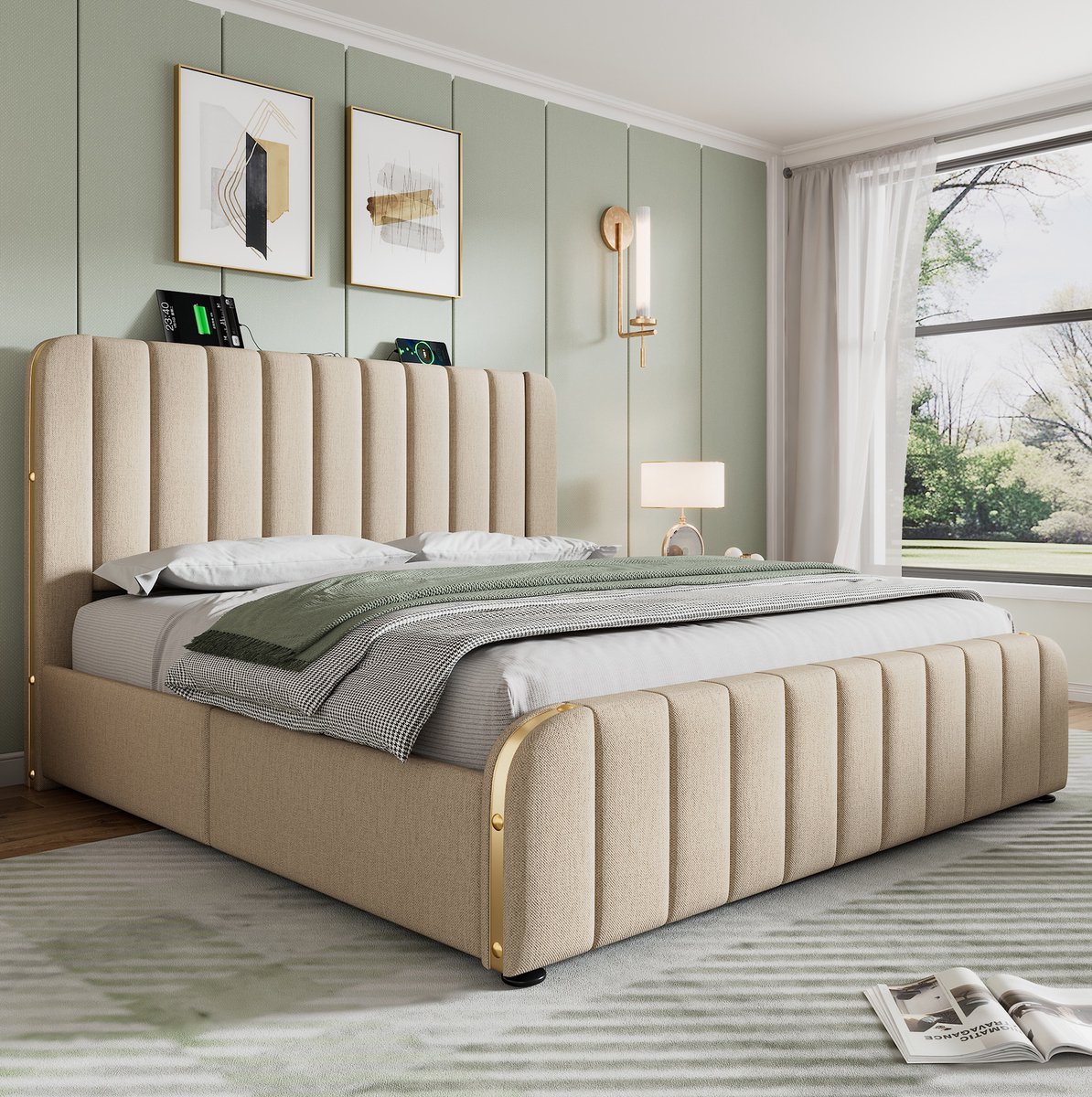 HAUSS SPOLE Gestoffeerd Bed 160x200 cm - Tweepersoonsbed Met USB Type C en 4 Laden - Zonder Matras - Met Lattenbodem en Opbergruimte - Beige
