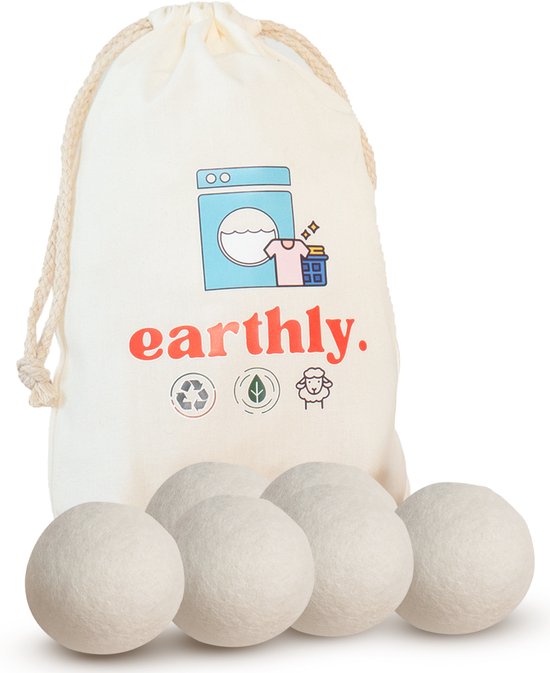 Sac à linge en coton crème avec logo 'earthly.', icône de machine à laver et 4 boules de séchage en laine.