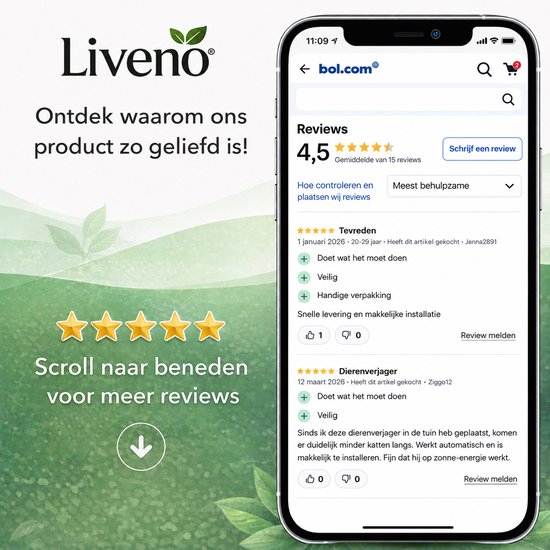 Screenshot van een bol.com pagina met positieve reviews voor een dierenvijver. Beoordeling 4,5 sterren, met 15 beoordelingen.