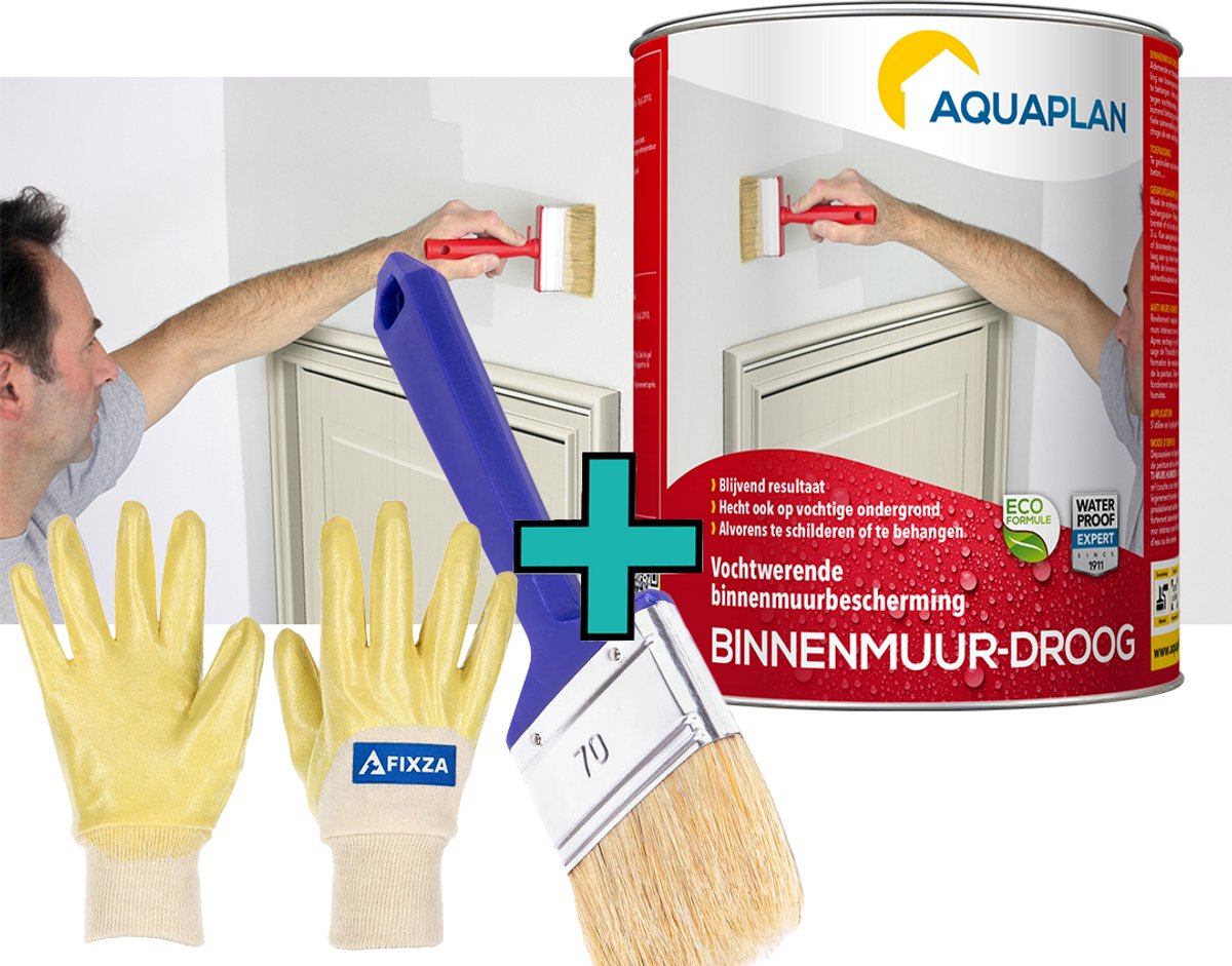 Aquaplan Binnenmuur-Droog – set – Transparante Waterdichte Muurcoating tegen Vocht – Ademend & Overschilderbaar – 0,75 l