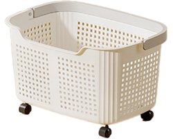 Wasmand - Wasmand met wielen - Wasbox - Wasmand badkamer -Opbergmand - Wassorteerder - Kunststof Wasbox - Wasmand voor Badkamer, Slaapkamer, Wasruimte - 36 x 26 x 19,5 cm - Crèmewit