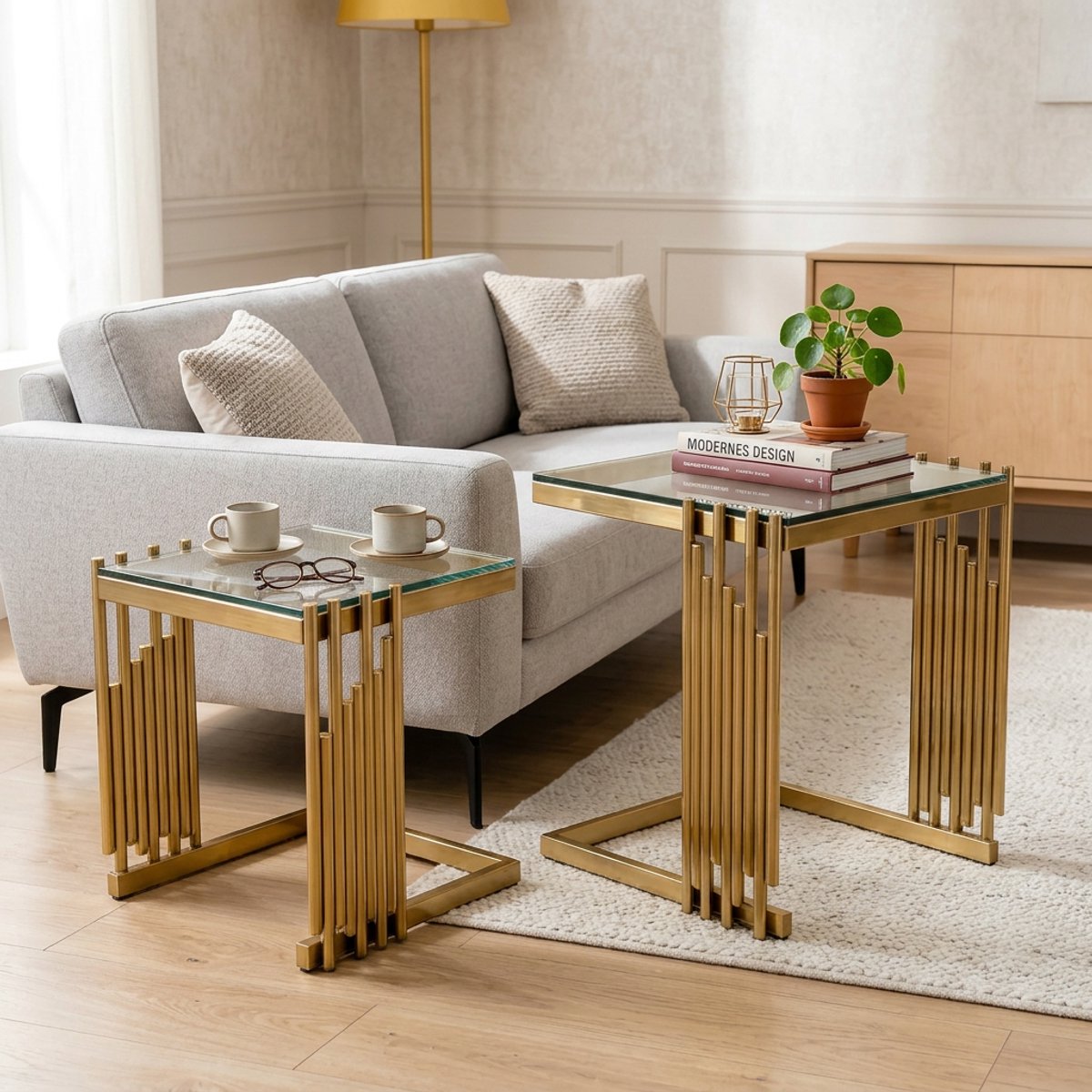 HAUSS SPOLE Bijzettafel Set - Vierkant Met Gehard Glas - Flexibel Voor Woonkamer En Balkon - Rvs En Transparant Glas - Goud Goud En Transparant