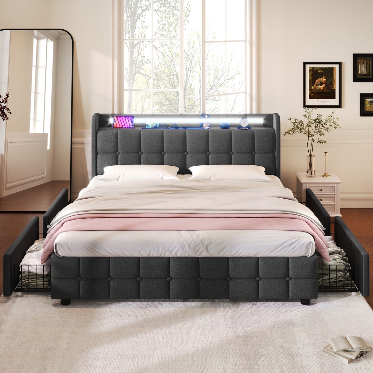 VVBV Bed met opbergruimte 180x200 / Tweepersoonsbed 180x200 – met Lades, LED-Verlichting, USB, Stopcontact, Lattenbodem – 4 Lades – Hoofdbord – Grijs Grey