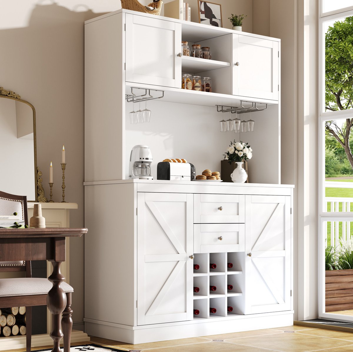 MEUNIQ Keukenkast 120 x 40 x 188 cm met 4 deuren, 2 lades, verstelbare planken, open werkblad en wijnrek, buffetkast voor keuken of woonkamer, wit