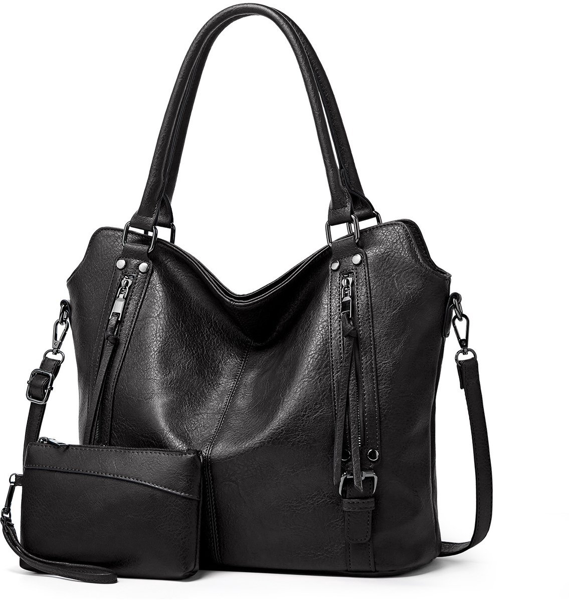 COOAU - dames tassen - handtas - schoudertas - Schoudertas en kleine portemonnee 2-delige set - Tote bag - Zacht PU-leer - Grote capaciteit - eenvoudig ontwerp - Luxe tas - Zwart