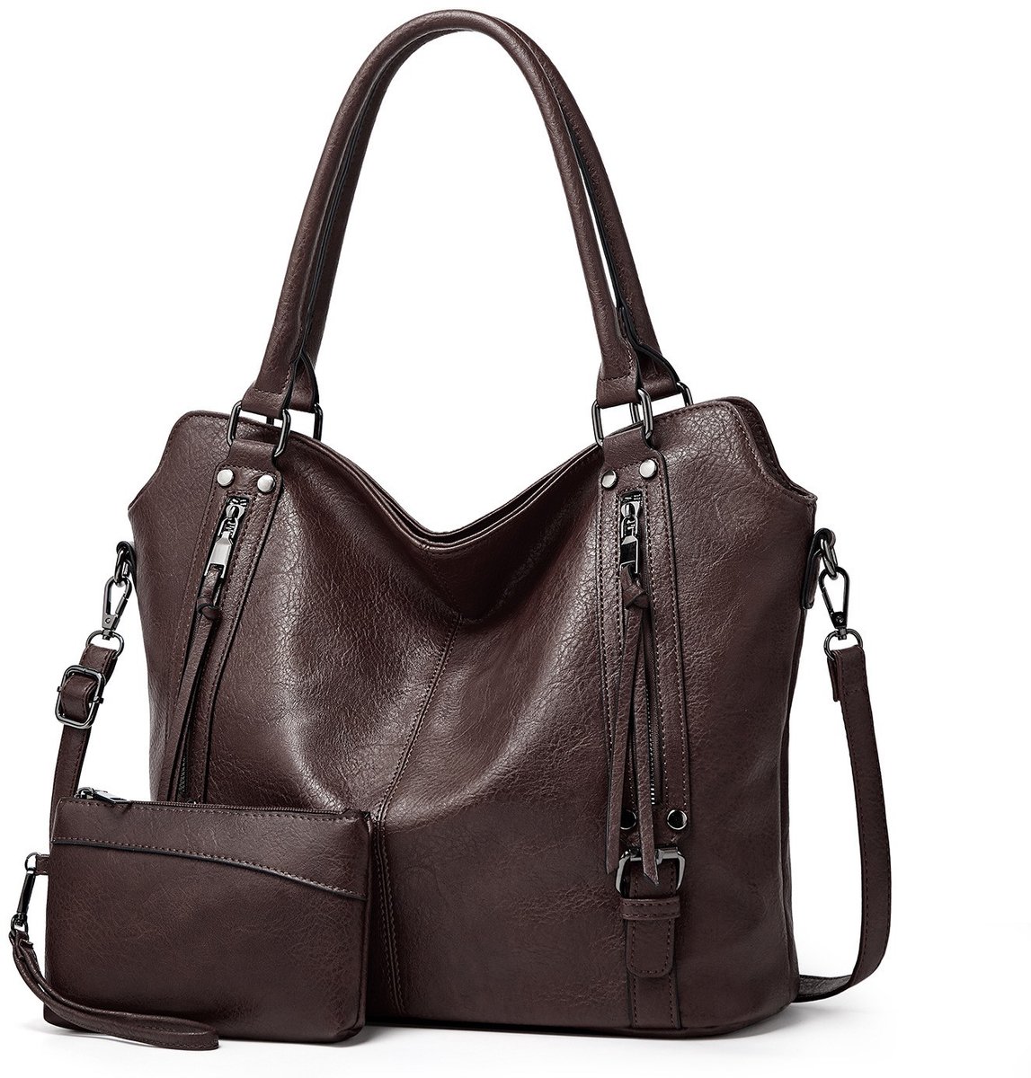COOAU - dames tassen - handtas - schoudertas - Schoudertas en kleine portemonnee 2-delige set - Tote bag - Zacht PU-leer - Grote capaciteit - eenvoudig ontwerp - Luxe tas - Koffiebruin