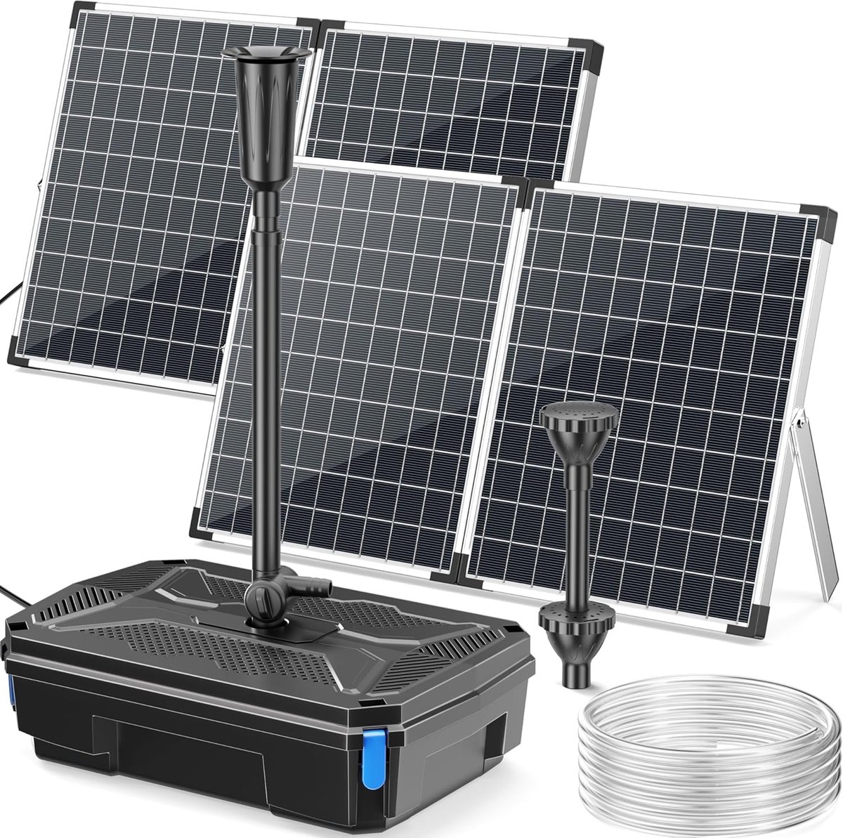 POPOSOAP 100W Solar Vijverfilter en Fonteinpompset–Een dompelpomp met een capaciteit van 4500 liter/uur-voorzien van een viertraps filtersysteem en drie sproeiers-geschikt voor tuinvijvers-aquariums en tuinwatervallen