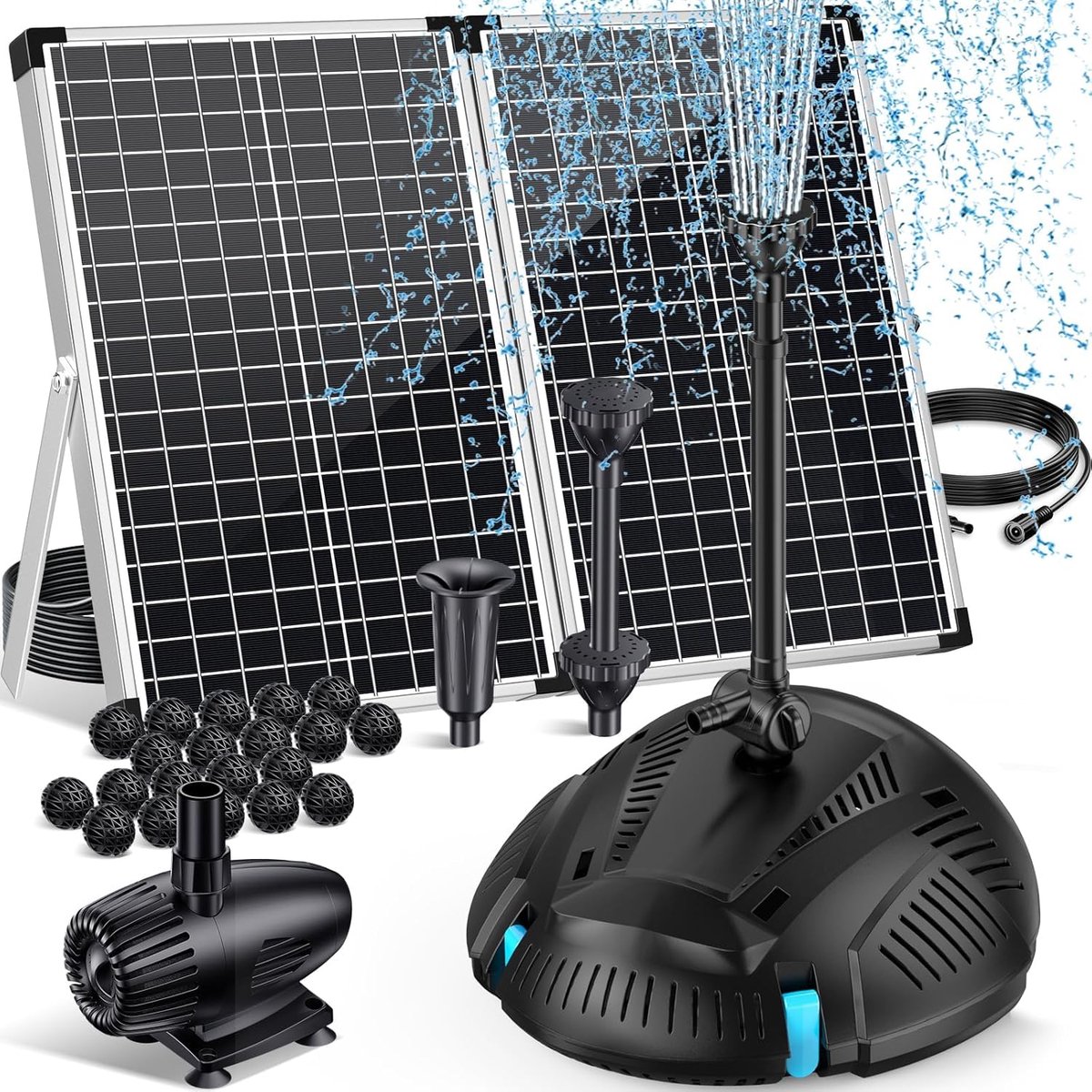 POPOSOAP vijverfilter (met 55W zonnefontein)-zonnefiltersysteem voor vijvers (inclusief 2000 l/u waterpomp en fonteinset) en 2 meter PVC-slang – geschikt voor koivijvers-watervallen en diverse waterpartijen