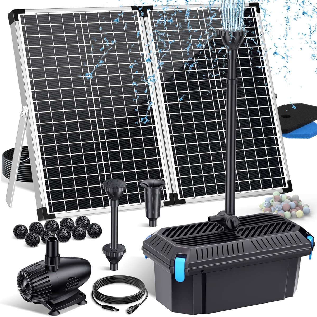 POPOSOAP 70W Solar vijverfilter–Solar fontein en filterbox set (2500 liter/uur doorstroomsnelheid)-regelbare doorstroomsnelheid-geschikt voor koivijvers-tuinvijvers en ecologische vijverwaterzuivering