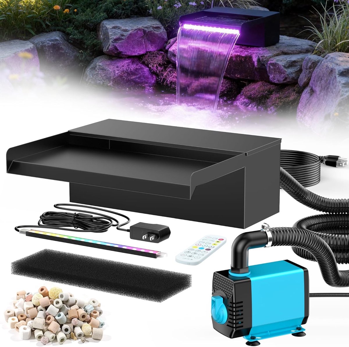POPOSOAP vijverwaterval van 30 cm breed-roestvrijstalen watervalbak (met 2500 l/uur waterpomp en op afstand bedienbare-van kleur veranderende led-lichtstrip)-geschikt voor waterpartijen in tuinvijvers