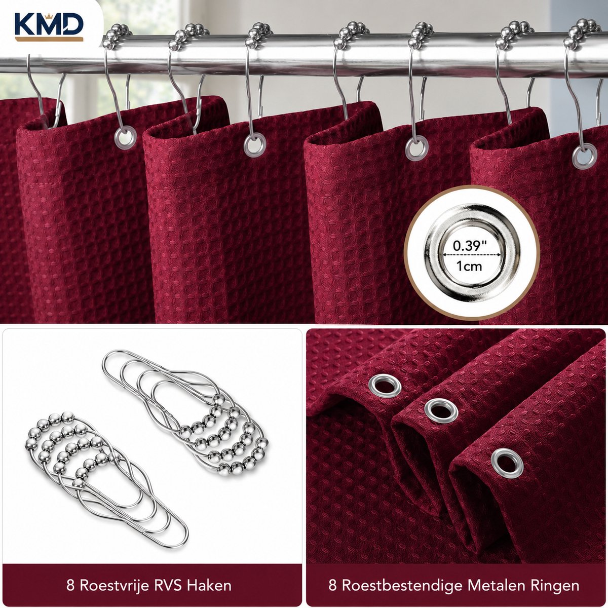 KMD Douchegordijn Wafelstof Waterdicht met Metalen Ringen – Anti-schimmel Textiel Badgordijn – 122 x 182 cm – Bordeauwrood