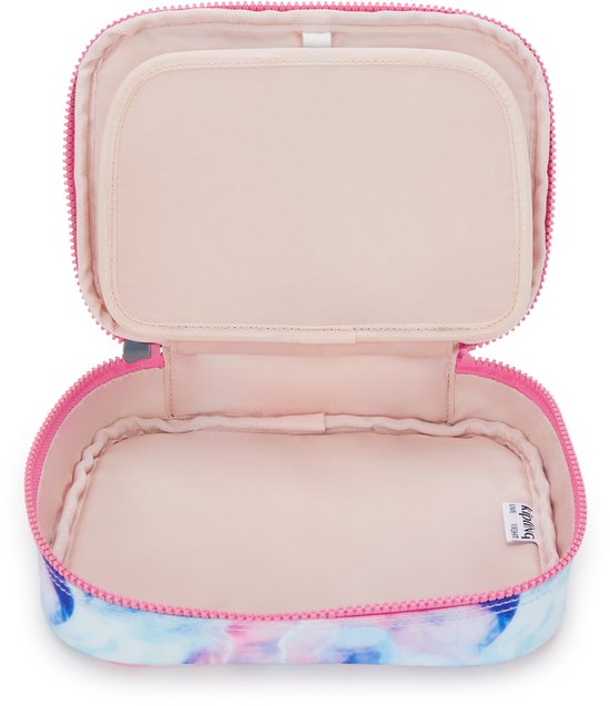 Open etui met roze rits, roze pennenlussen en zachtroze voering. Buitenmateriaal met aquarelprint.