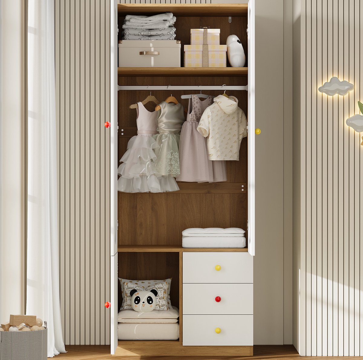 MEUNIQ 2-deurs kledingkast 80 x 45 x 200 cm met 3 lades, kledingstang en planken, opbergkast voor slaapkamer of kinderkamer, wit