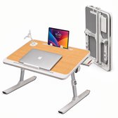 Table de lit pliable réglable de luxe – Table d'ordinateur portable avec USB, tiroir, étagère à livres et accessoires – 60×40×27–40 cm – Aspect bois