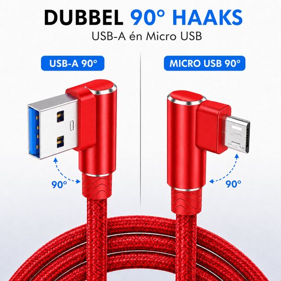 Câble rouge avec connecteurs USB-A et Micro USB à 90 degrés. "DOUBLE 90° COUDE"