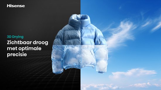 Een lichtblauwe, gepofte jas hangt voor een achtergrond die deels zwart is met rasterlijnen en deels een blauwe lucht met wolken. "3D Drying" staat erbij.