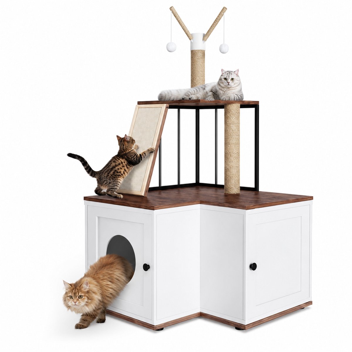 NordPaw® Kattenkrabpaal met Kattenbakkast - Kattenmeubel 3-in-1 - Verborgen Kattenbak - Krabpaal met Opbergkast - Krabplank - Kattenhuis - 70x70x124 cm - Wit/Hout