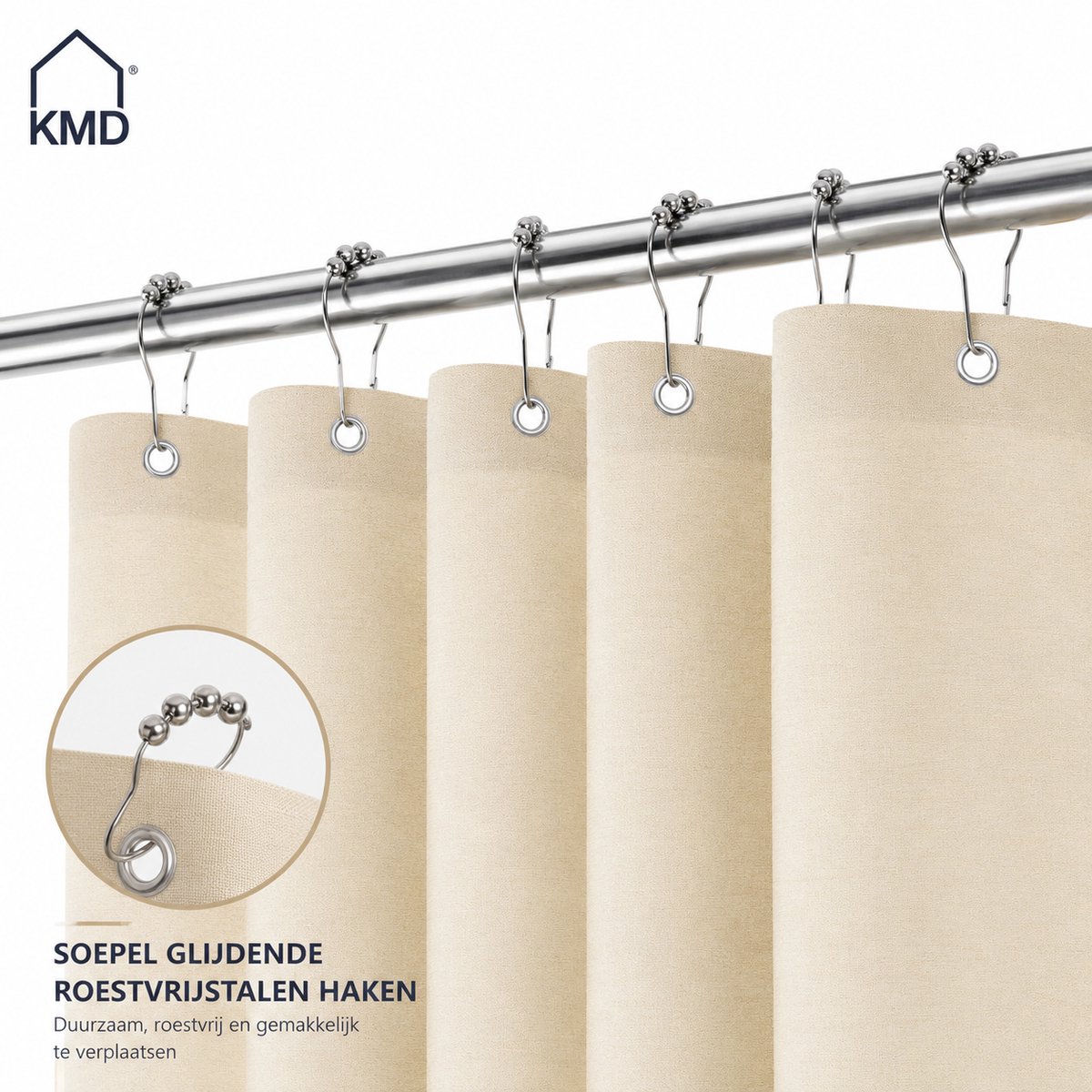 KMD Douchegordijn Linnen Textuur Waterdicht 182 x 182 cm - Met Metalen Haken - Anti-schimmel - Beige