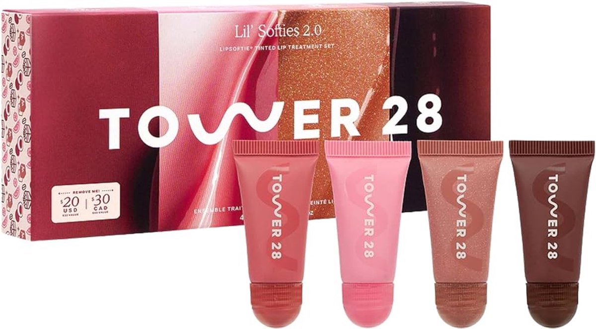 Tower 28 LipSoftie Lip Treatment Set – Hydraterende Lip Balm Set – 4 stuks – SOS Vanilla, Confetti Cake, Sugar Plum & Red Bean Mochi