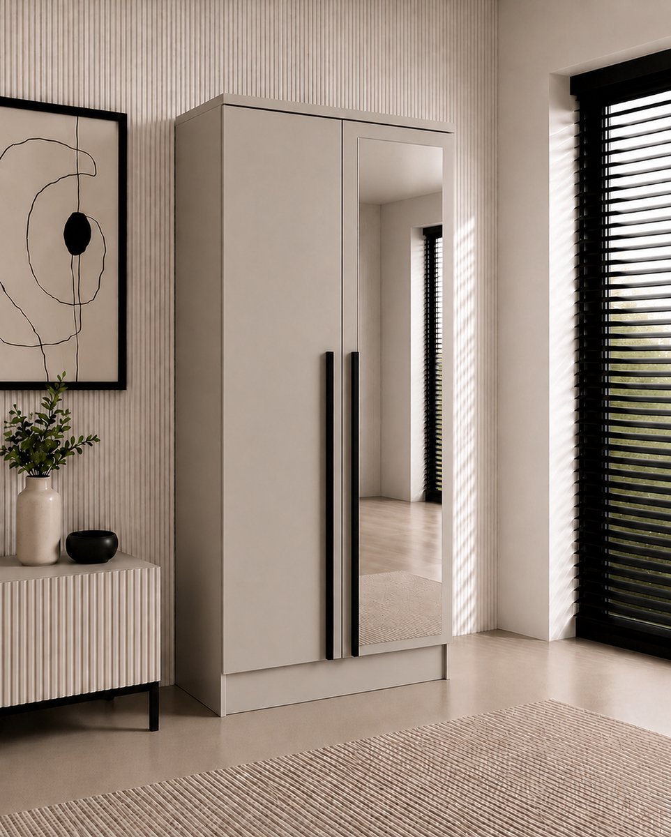 Pro-meubels - Kledingkast Istanbul - 100 x 52 x 200 cm – Beige – 2 Deuren – 2 Lades – met spiegel - Slaapkamer