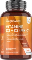 Vitamine D3 + K2 (MK-7) tabletten - 2000 IE + 200mcg - 365 tabletten voor 1 jaar voorraad - Vitamine D supplement van WeightWorld