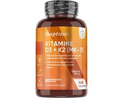 Vitamine D3 + K2 (MK-7) tabletten - 2000 IE + 200mcg - 365 tabletten voor 1 jaar voorraad - Vitamine D supplement van WeightWorld