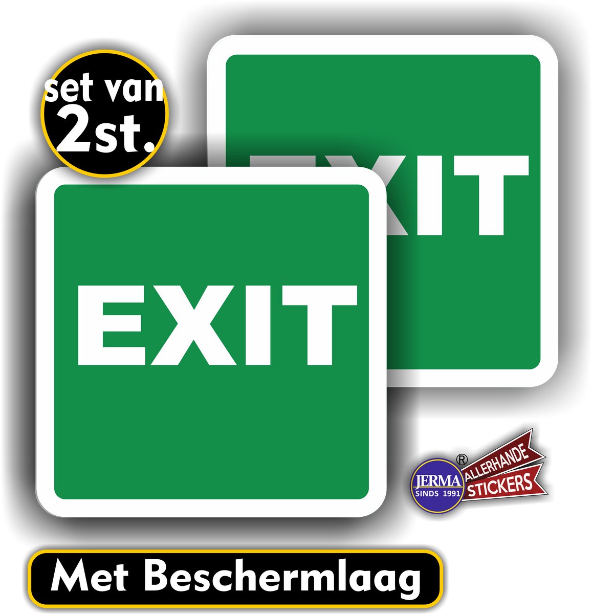 Jerma - EXIT - Sticker - Set 2 st. - 14 x 14 cm - Krasbestendig - Zelfklevend - Weerbestendig Vinyl
