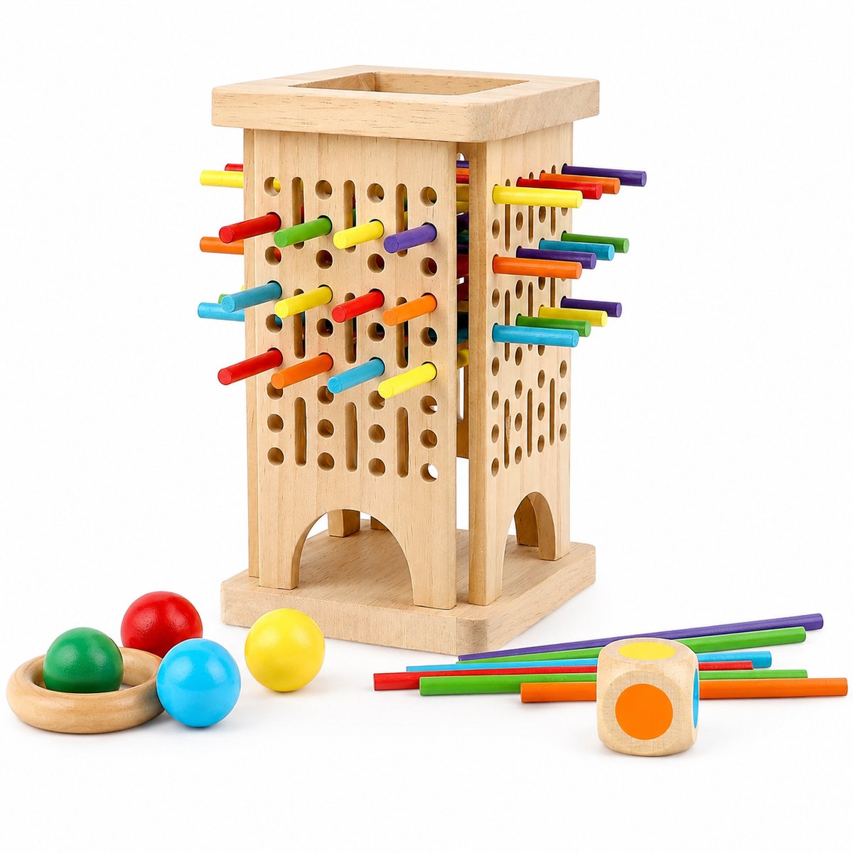 Tolvia Houten Montessori Speelgoed - Educatief Balansspel met Kleurrijke Stokjes en Dobbelsteen - Bordspel voor Kinderen vanaf 3 Jaar - Motoriek, Rekenen en Familie Spel