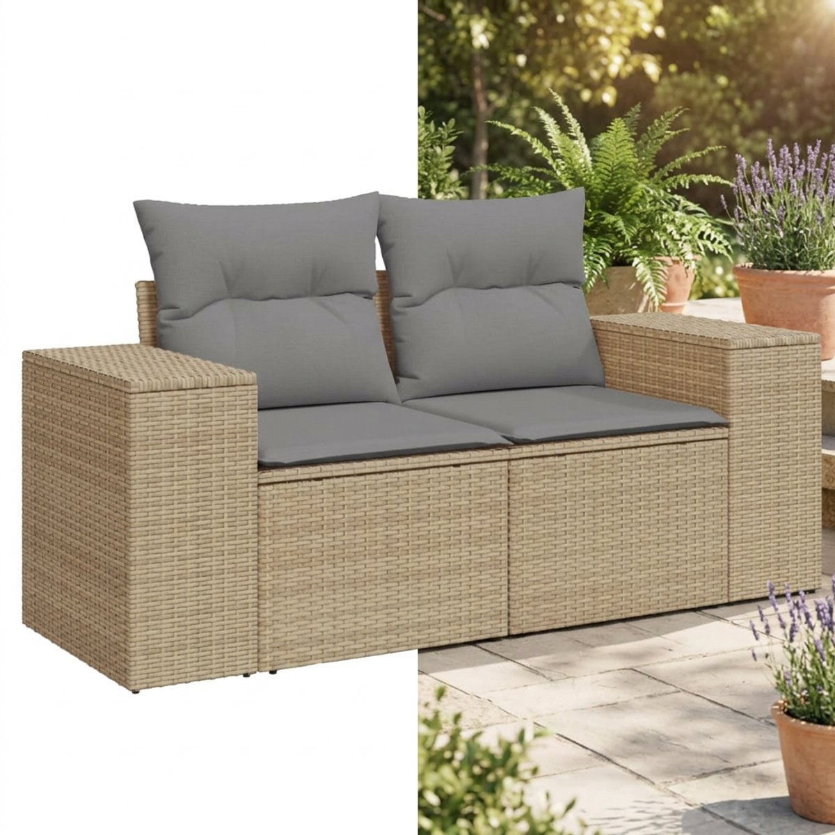 Tuinbank met opbergruimte - Lounge Bank - Buitenbank - Tuinset - Houten Bank - Modulair Bankstel - Balkon Set - Poly rattan - Beige