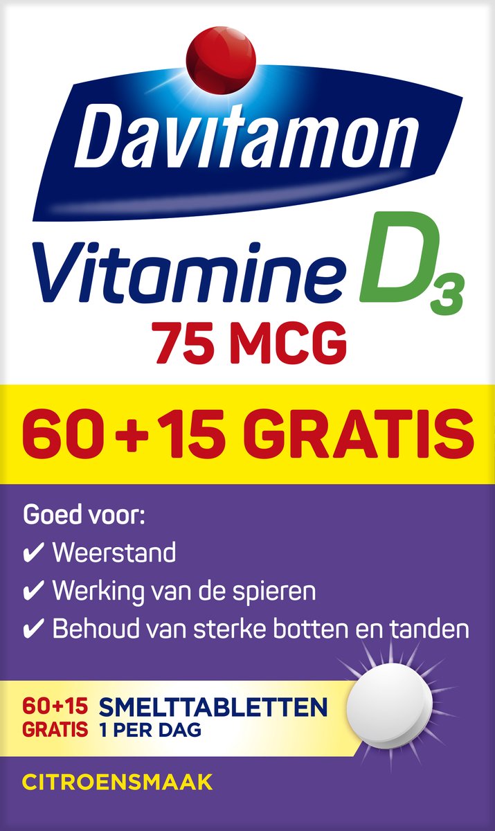 Bol.com Davitamon Vitamine D3 75 mcg - Hoog Gedoseerd - Vitamine D smelttabletjes - 75 stuks aanbieding