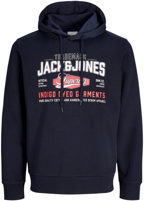Donkerblauwe hoodie van Jack & Jones met logo-print op de borst.
