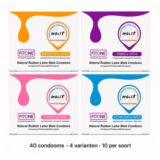 Vier stapels met elk tien doosjes FiTONE Moist condooms in de kleuren oranje, paars, roze en blauw.