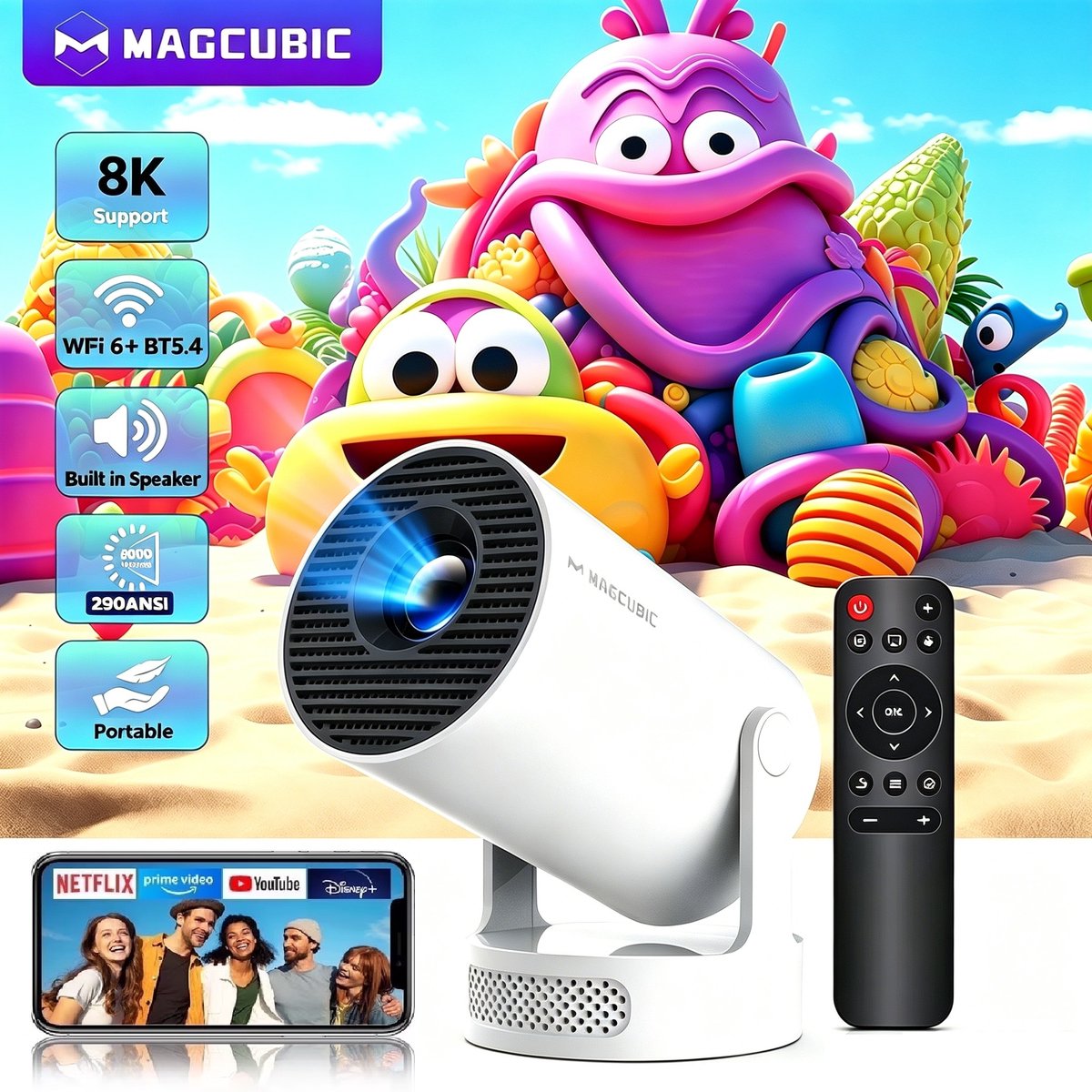 Magcubic® Pro Mini Beamer 2026 – Android 14 Smart Projector met Google Playstore – Thuisbioscoop – Voor iOS & Android – WiFi 6 & Bluetooth 5.4 – Wit