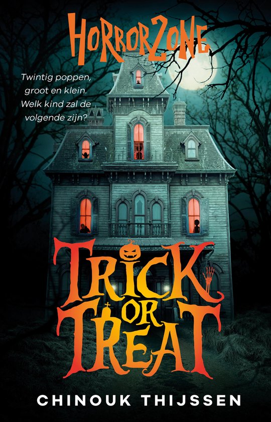 Boekomslag met een griezelig huis en de tekst 'HORROR ZONE' en 'TRICK OR TREAT'.