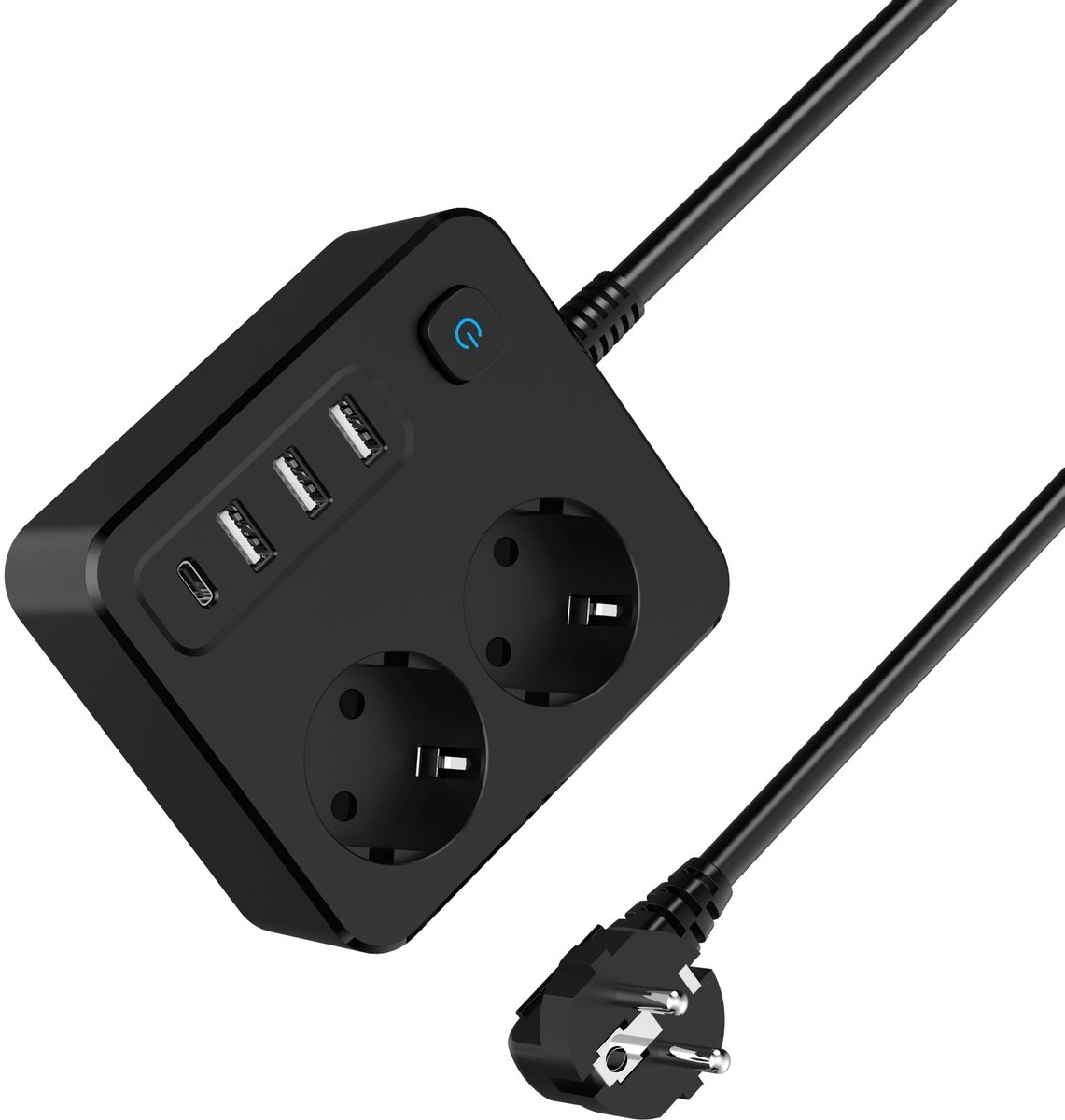 TEKROA® Stekkerdoos met hoofelschakelaar - 2 stopcontacten - 3 USB-A en 1 USB-C PD snelladen - 2 m - zwart