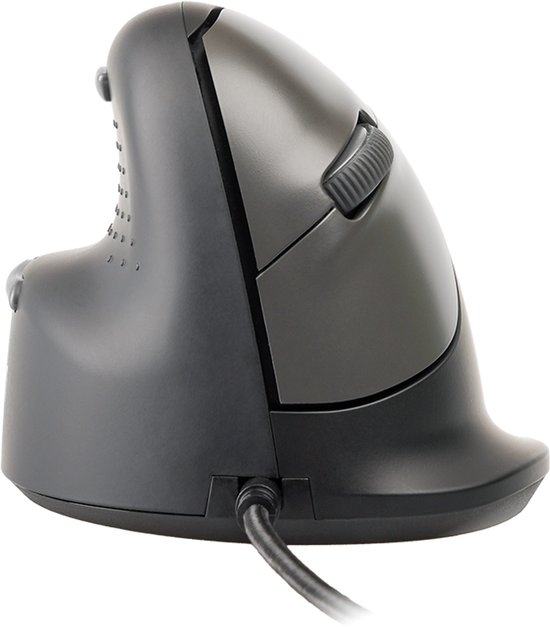 Zwarte ergonomische verticale linkshandige computermuis met bedrade USB-verbinding en scrolwiel.