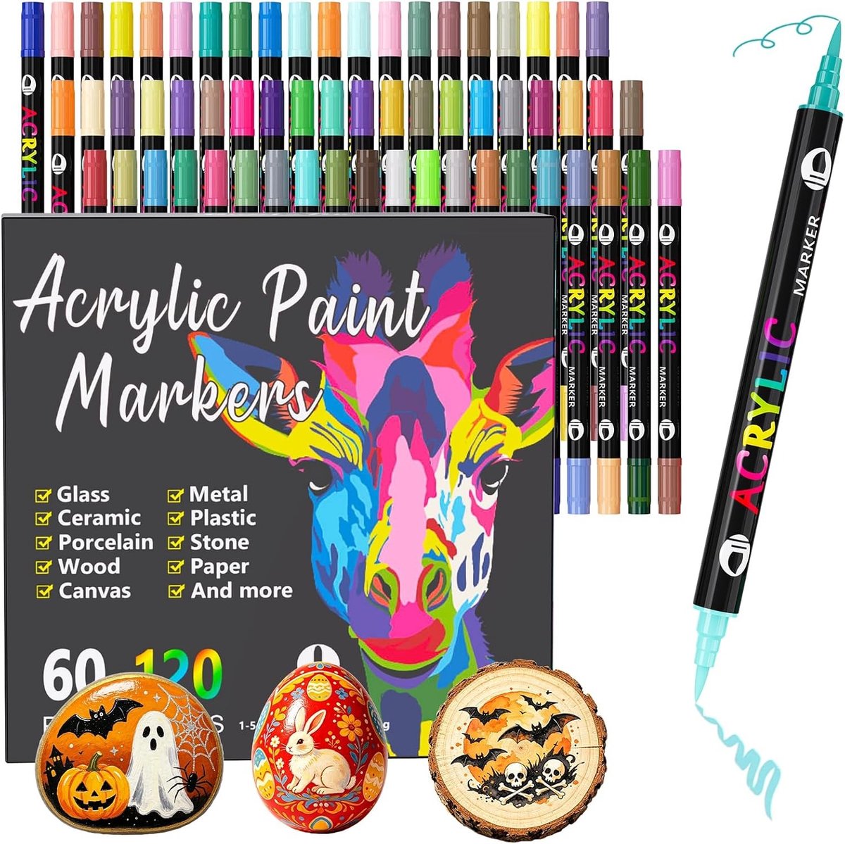 Acrylstiften Set - 60 Stuks - Dual Tip - Waterdicht - Voor Kunstenaars en Creatievelingen